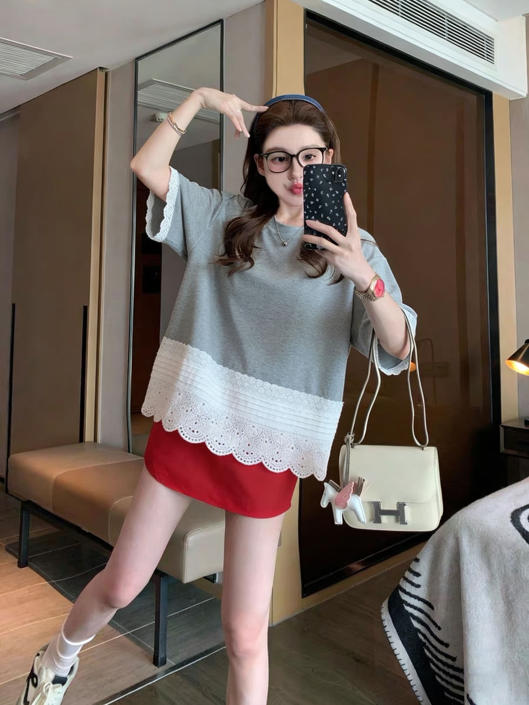실사 2026 여름 원본 것 무거운 작업 레이스 패치워크 빅 사이즈 300 근 반팔 티셔츠 여성 상세 이미지 5
