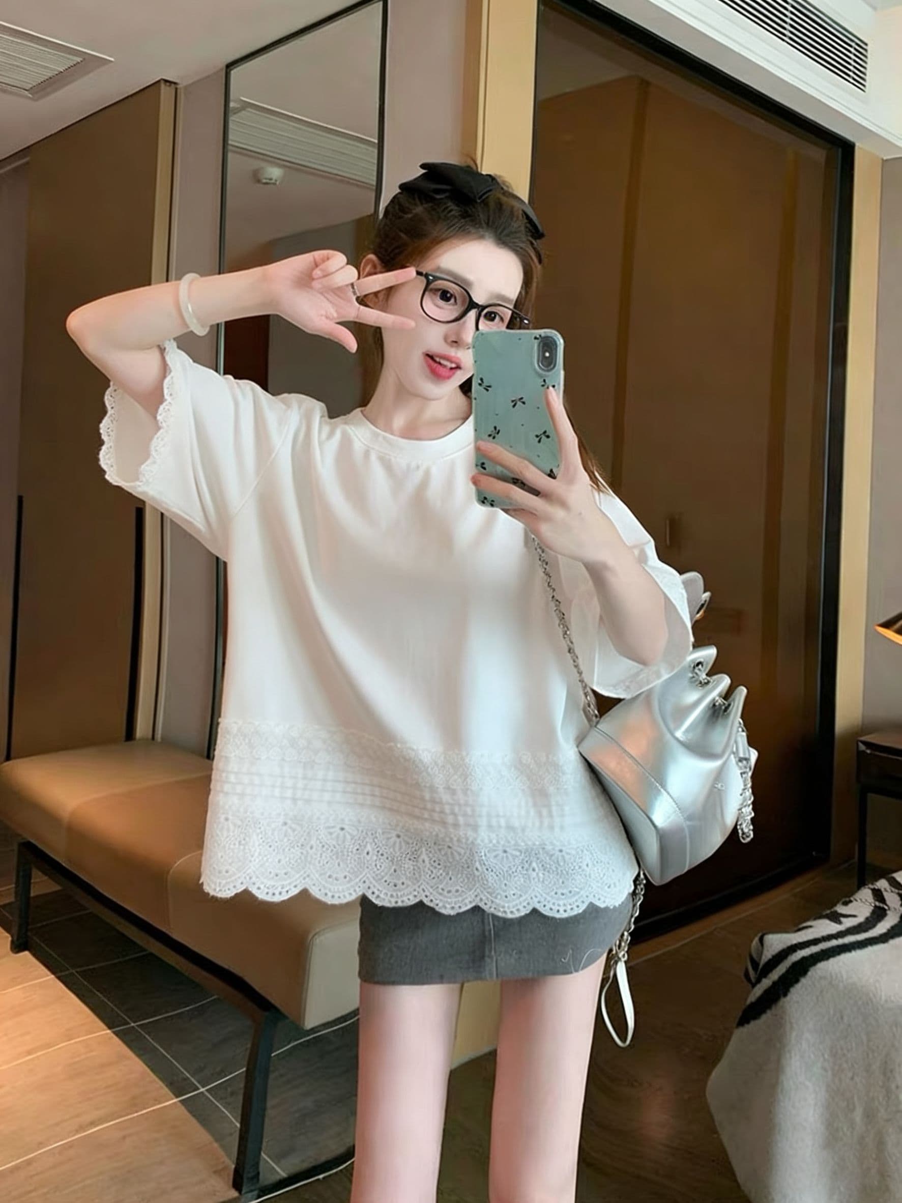 실사 2026 여름 원본 것 무거운 작업 레이스 패치워크 빅 사이즈 300 근 반팔 티셔츠 여성 상세 이미지 8