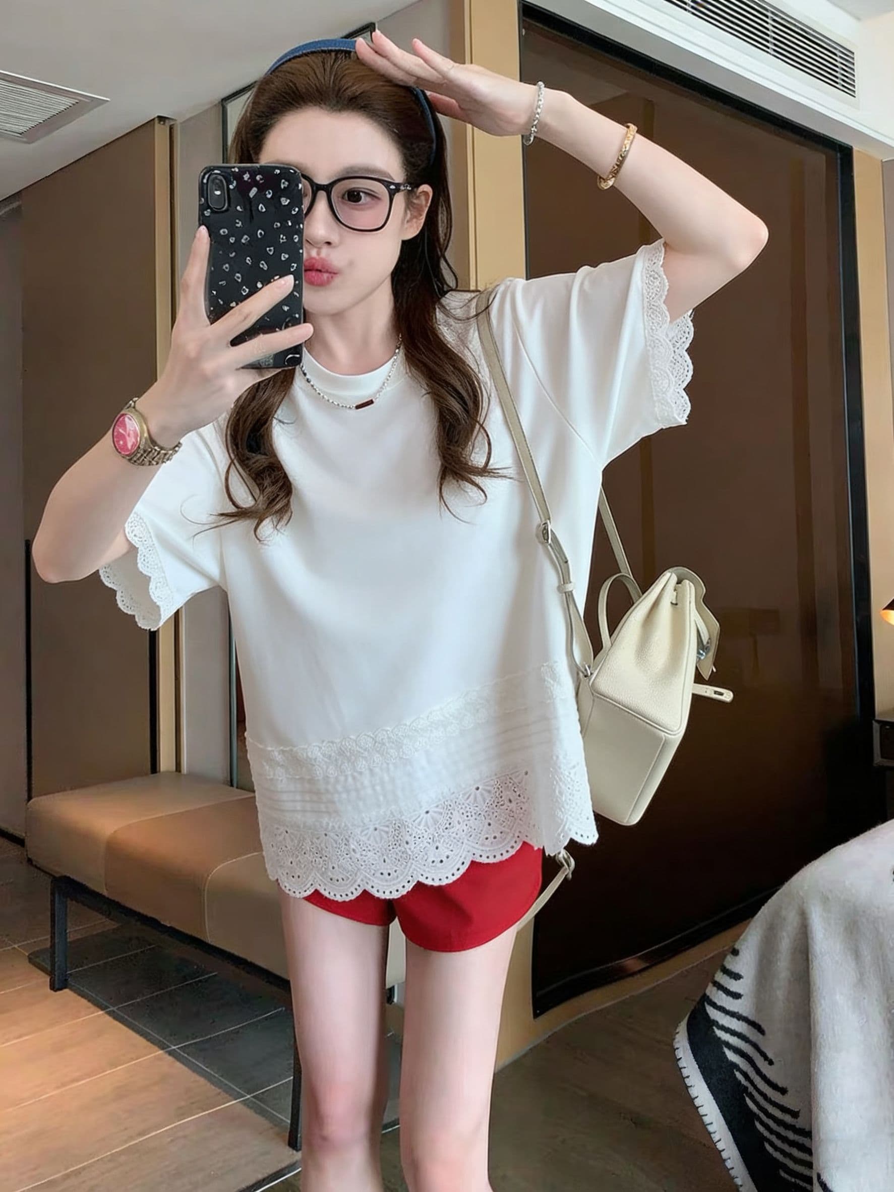 실사 2026 여름 원본 것 무거운 작업 레이스 패치워크 빅 사이즈 300 근 반팔 티셔츠 여성 상세 이미지 10