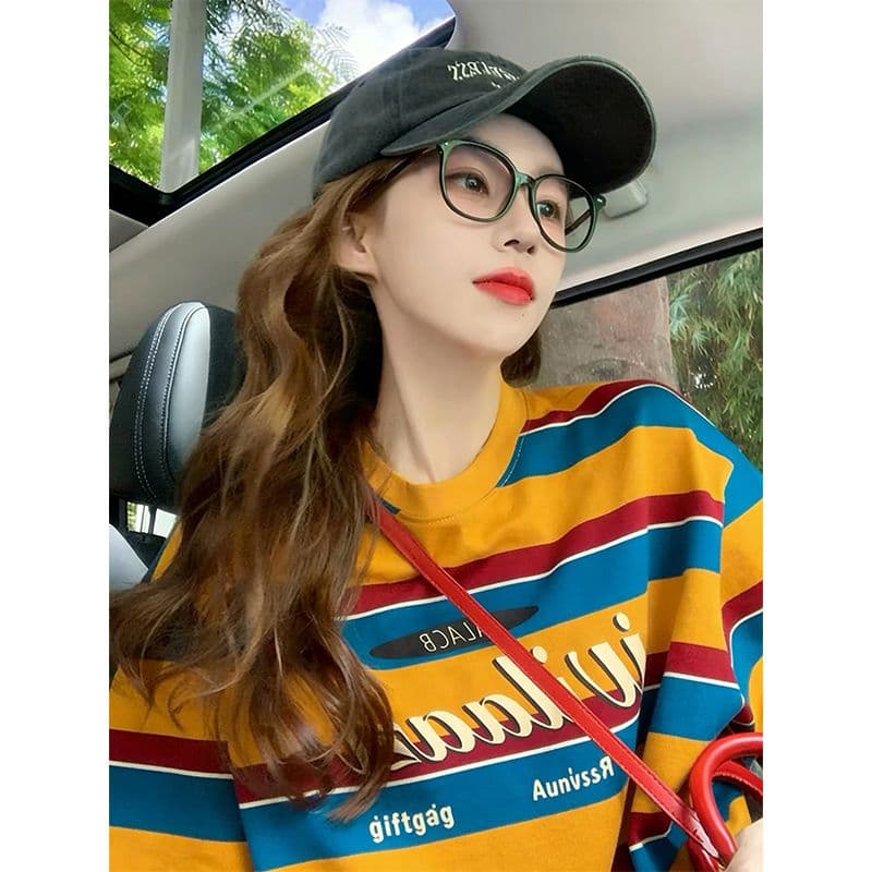 실사 2026 여름 95 면 컬러 짜임 기사 칼라 케이블 루오 Na 테두리 당겨서 어깨 빅 사이즈 스트라이프 반팔 티셔츠 여성 이미지 4