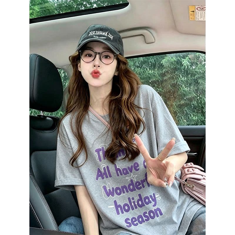 실사 2026 여름 210 그램 모달 빅 사이즈 포밍 프린트 반팔 티셔츠 여성 이미지 3