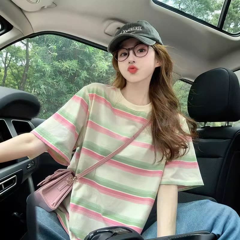 95 면 컬러 짜임 기사 칼라 케이블 루오 Na 테두리 당겨서 어깨 빅 사이즈 300 근 스트라이프 반팔 티셔츠 여성