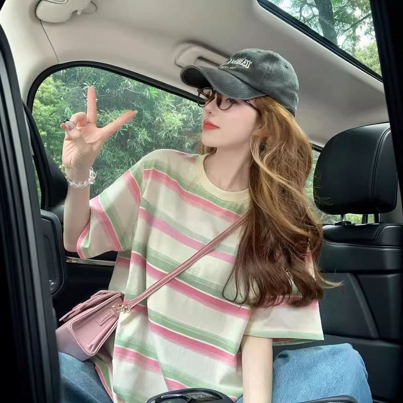 95 면 컬러 짜임 기사 칼라 케이블 루오 Na 테두리 당겨서 어깨 빅 사이즈 300 근 스트라이프 반팔 티셔츠 여성 이미지 3