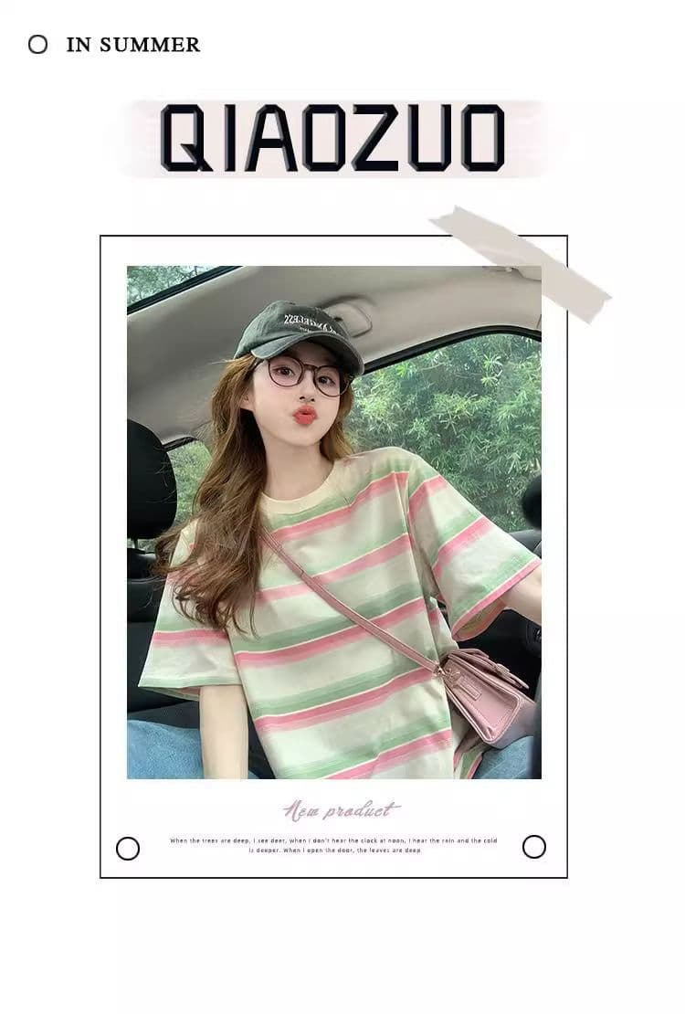 95 면 컬러 짜임 기사 칼라 케이블 루오 Na 테두리 당겨서 어깨 빅 사이즈 300 근 스트라이프 반팔 티셔츠 여성 상세 이미지 2