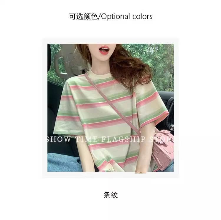 95 면 컬러 짜임 기사 칼라 케이블 루오 Na 테두리 당겨서 어깨 빅 사이즈 300 근 스트라이프 반팔 티셔츠 여성 상세 이미지 3