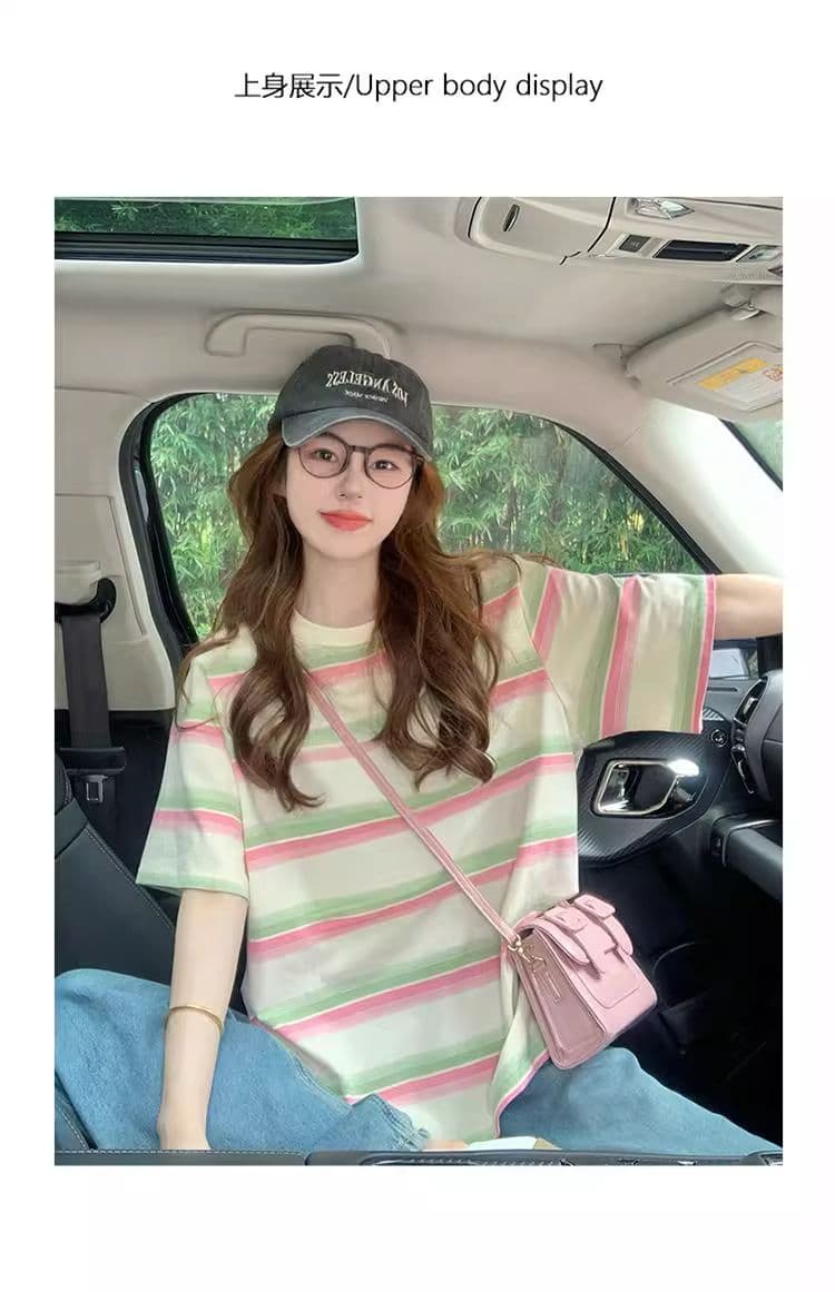95 면 컬러 짜임 기사 칼라 케이블 루오 Na 테두리 당겨서 어깨 빅 사이즈 300 근 스트라이프 반팔 티셔츠 여성 상세 이미지 4