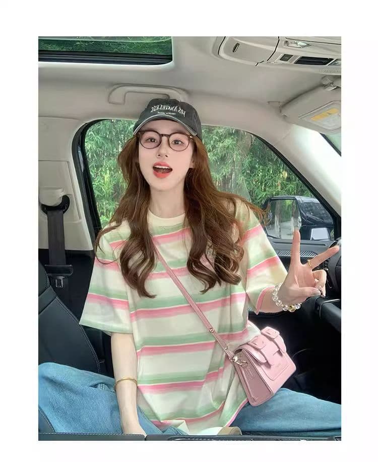 95 면 컬러 짜임 기사 칼라 케이블 루오 Na 테두리 당겨서 어깨 빅 사이즈 300 근 스트라이프 반팔 티셔츠 여성 상세 이미지 5