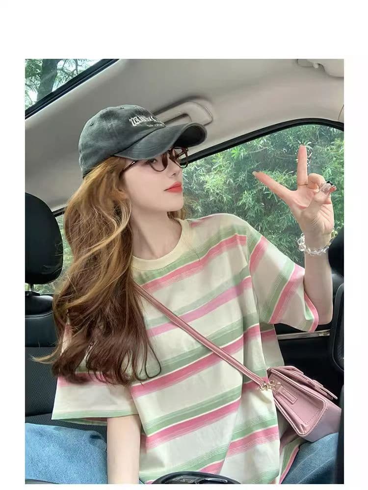 95 면 컬러 짜임 기사 칼라 케이블 루오 Na 테두리 당겨서 어깨 빅 사이즈 300 근 스트라이프 반팔 티셔츠 여성 상세 이미지 6