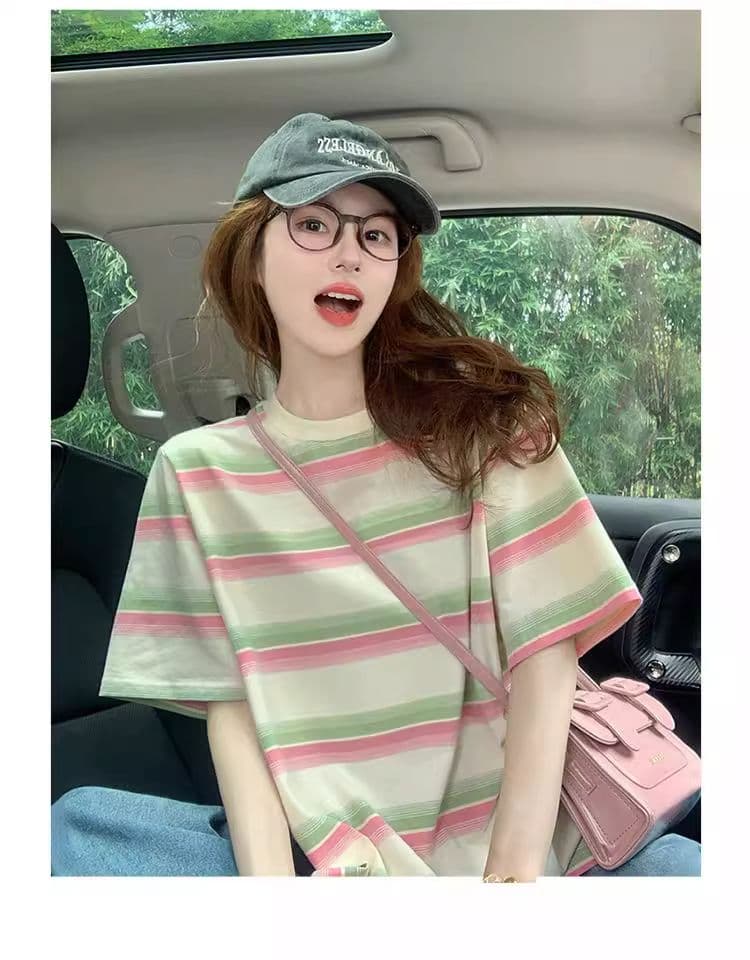 95 면 컬러 짜임 기사 칼라 케이블 루오 Na 테두리 당겨서 어깨 빅 사이즈 300 근 스트라이프 반팔 티셔츠 여성 상세 이미지 7