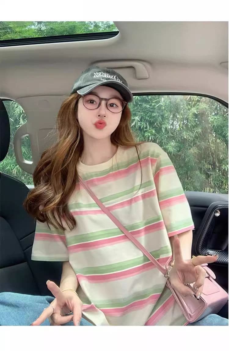 95 면 컬러 짜임 기사 칼라 케이블 루오 Na 테두리 당겨서 어깨 빅 사이즈 300 근 스트라이프 반팔 티셔츠 여성 상세 이미지 8