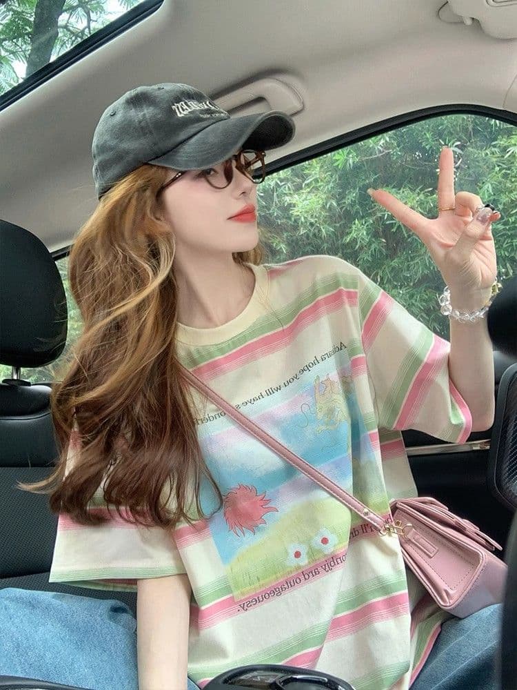 95 면 컬러 짜임 기사 칼라 케이블 루오 Na 빅 사이즈 300 근 스트라이프 반팔 티셔츠 여성 이미지 2