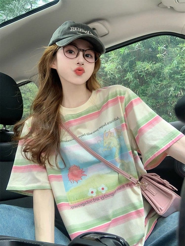 95 면 컬러 짜임 기사 칼라 케이블 루오 Na 빅 사이즈 300 근 스트라이프 반팔 티셔츠 여성