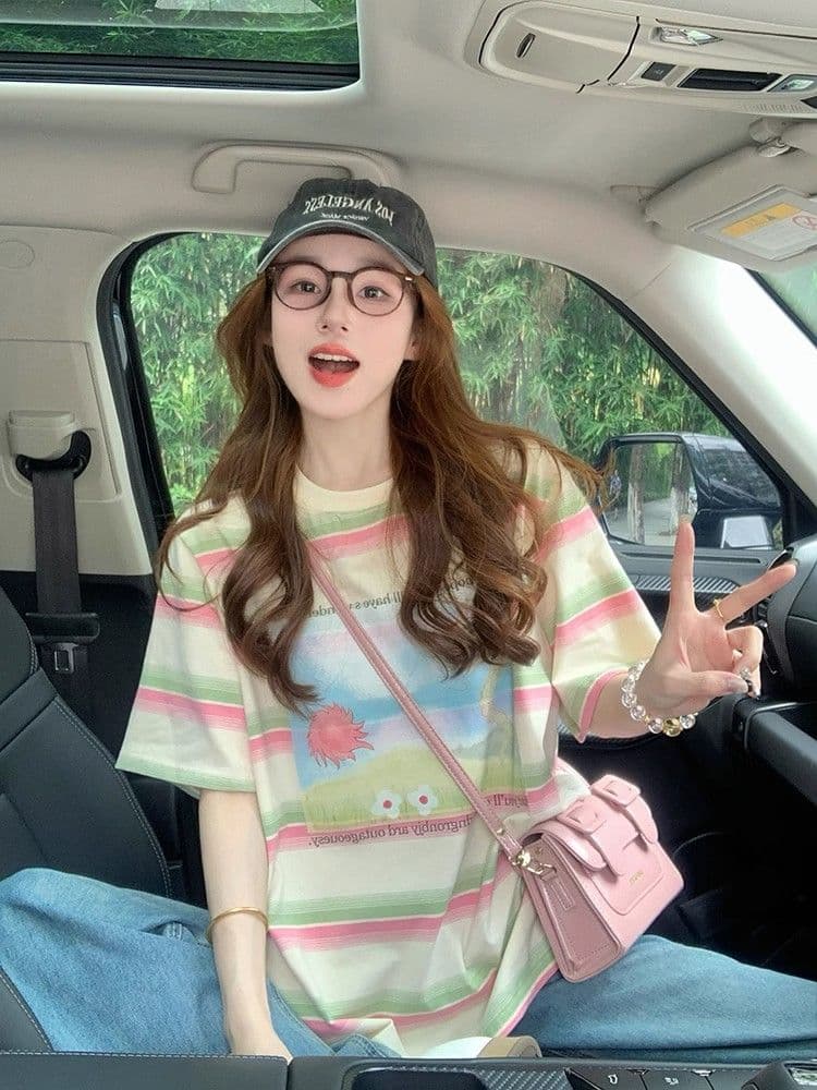 95 면 컬러 짜임 기사 칼라 케이블 루오 Na 빅 사이즈 300 근 스트라이프 반팔 티셔츠 여성 이미지 3
