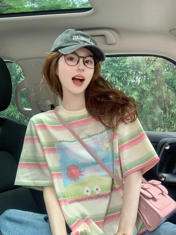 95 면 컬러 짜임 기사 칼라 케이블 루오 Na 빅 사이즈 300 근 스트라이프 반팔 티셔츠 여성 이미지 4
