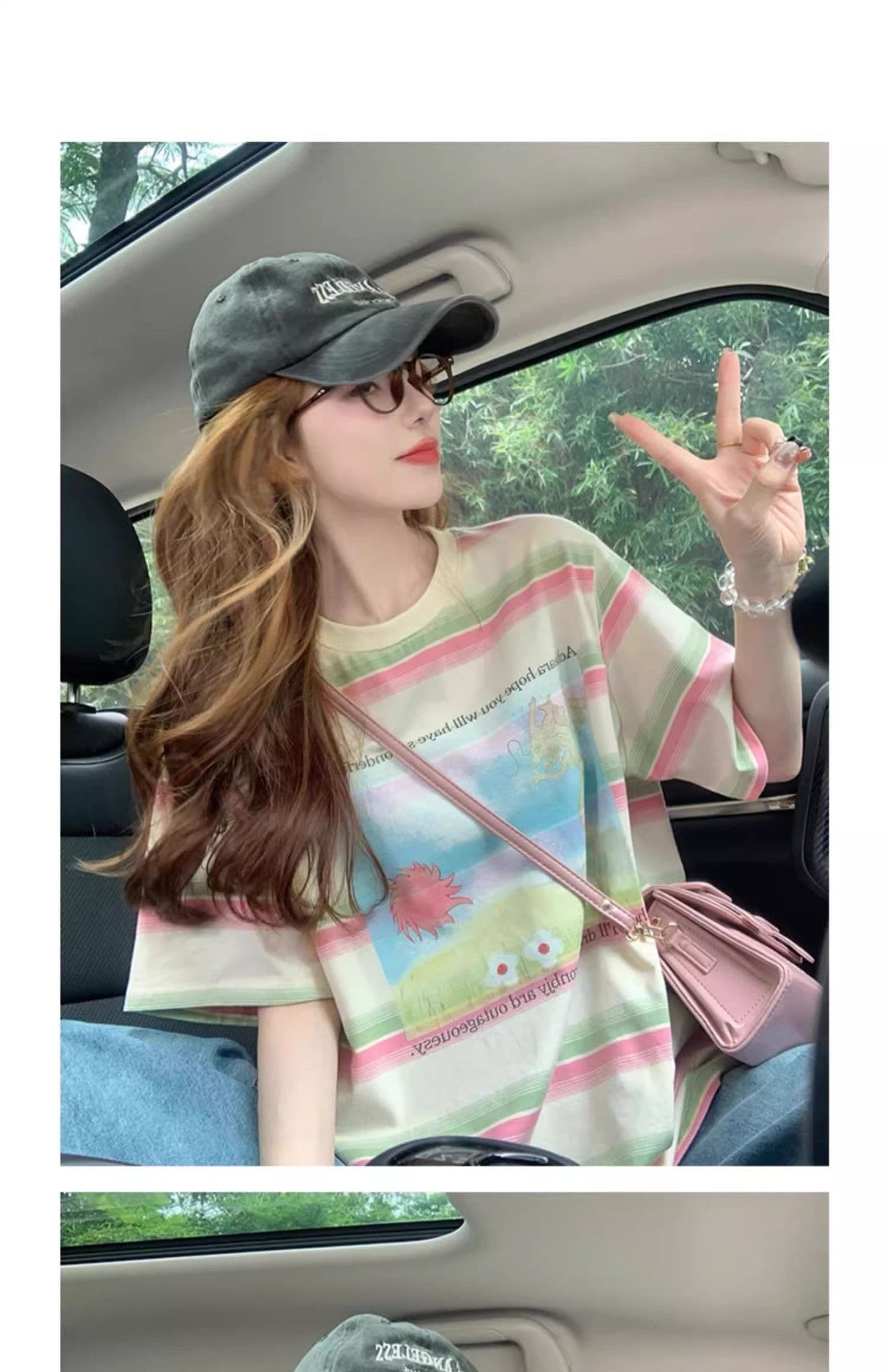 95 면 컬러 짜임 기사 칼라 케이블 루오 Na 빅 사이즈 300 근 스트라이프 반팔 티셔츠 여성 상세 이미지 5