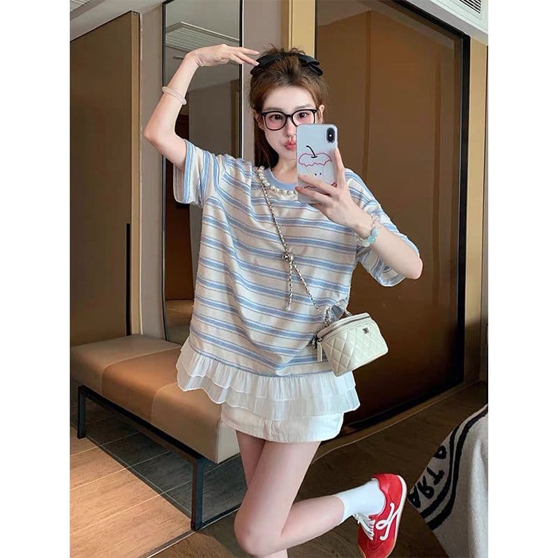 실사 2026 여름 원본 스트라이프 70 면 빅 사이즈 중간 길이 비즈 박기 페이크 레이어드 반팔 티셔츠 여성 이미지 5