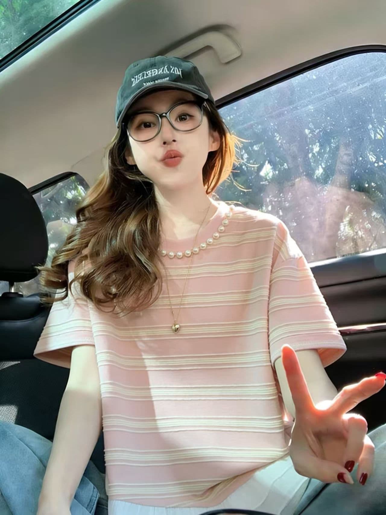 실사 2026 여름 원본 스트라이프 70 면 빅 사이즈 중간 길이 비즈 박기 페이크 레이어드 반팔 티셔츠 여성 상세 이미지 6