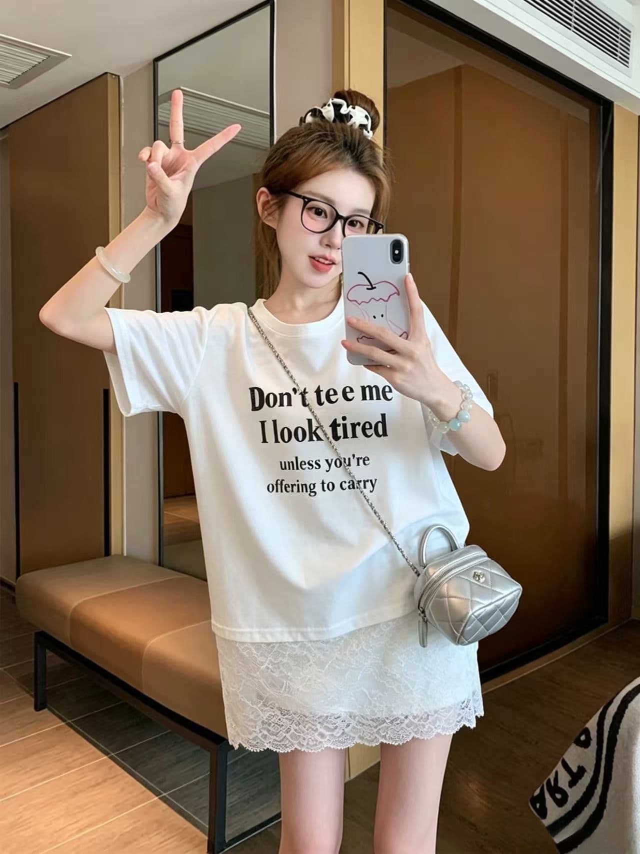 실사 2026 여름 40 더블 실 순면 210 그램 빅 사이즈 작은 대중 레이스 조각 반팔 티셔츠 여성 상세 이미지 2