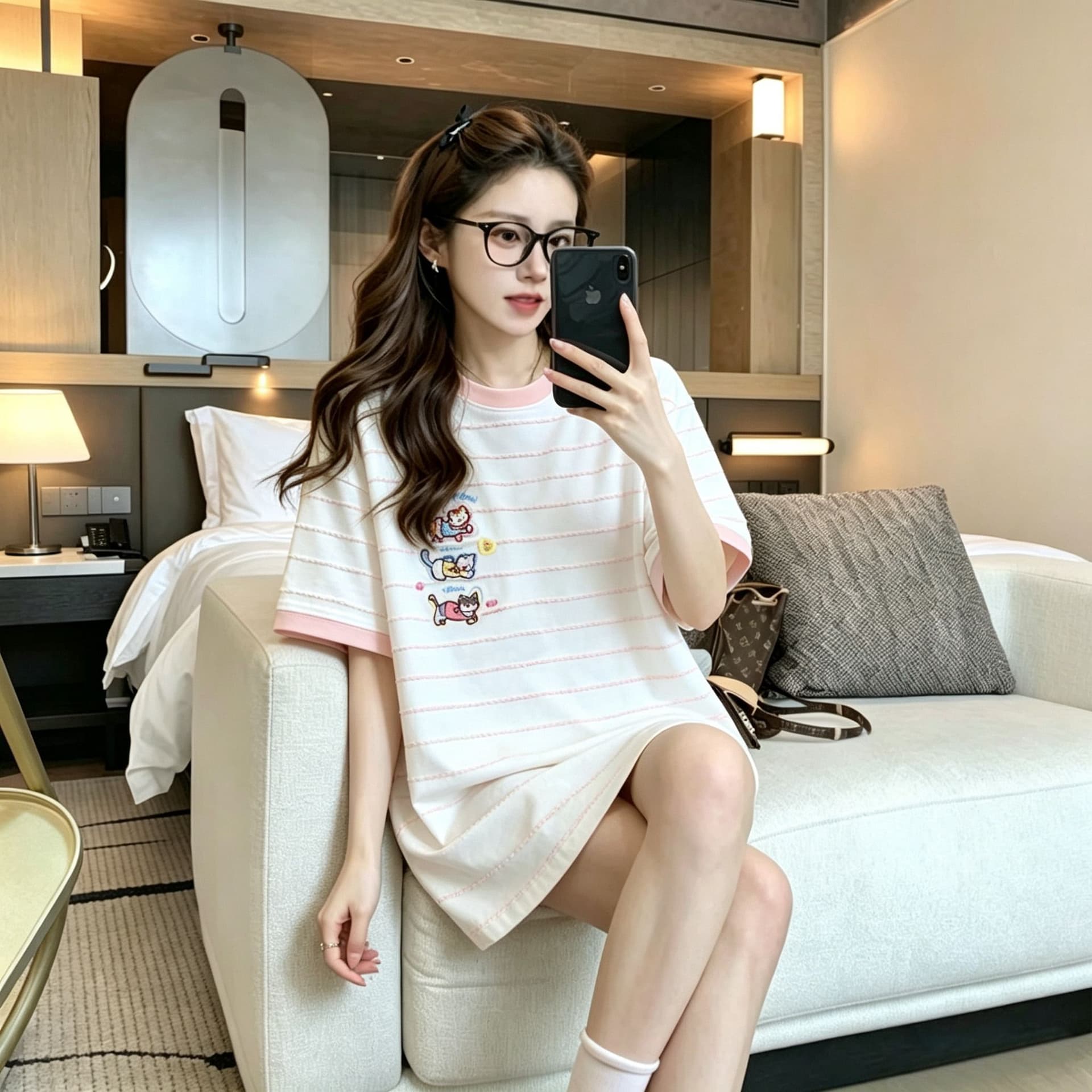 실사 2026 여름 250그램 칼라 케이블 루오 Na 테두리 당겨서 어깨 빅 사이즈 자수 반팔 티셔츠 여성 이미지 5