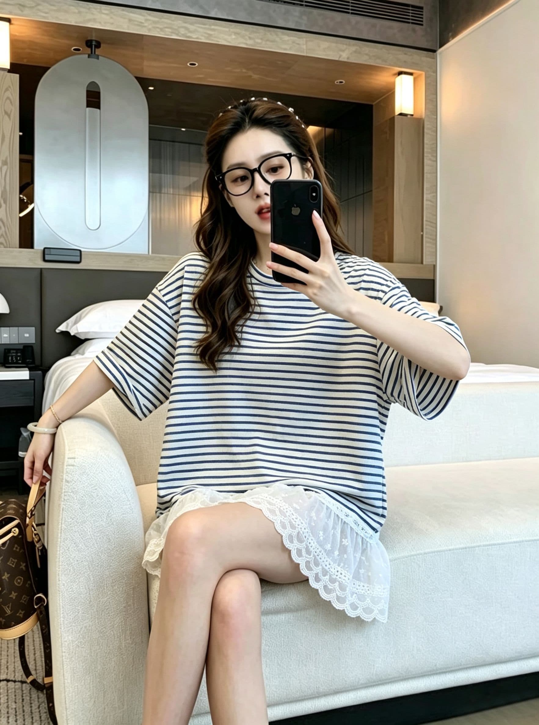 실사 2026 여름 원본 품질 빅 사이즈 300 근 단색 스트라이프 패치워크 레이스 반팔 티셔츠 여성 상세 이미지 5