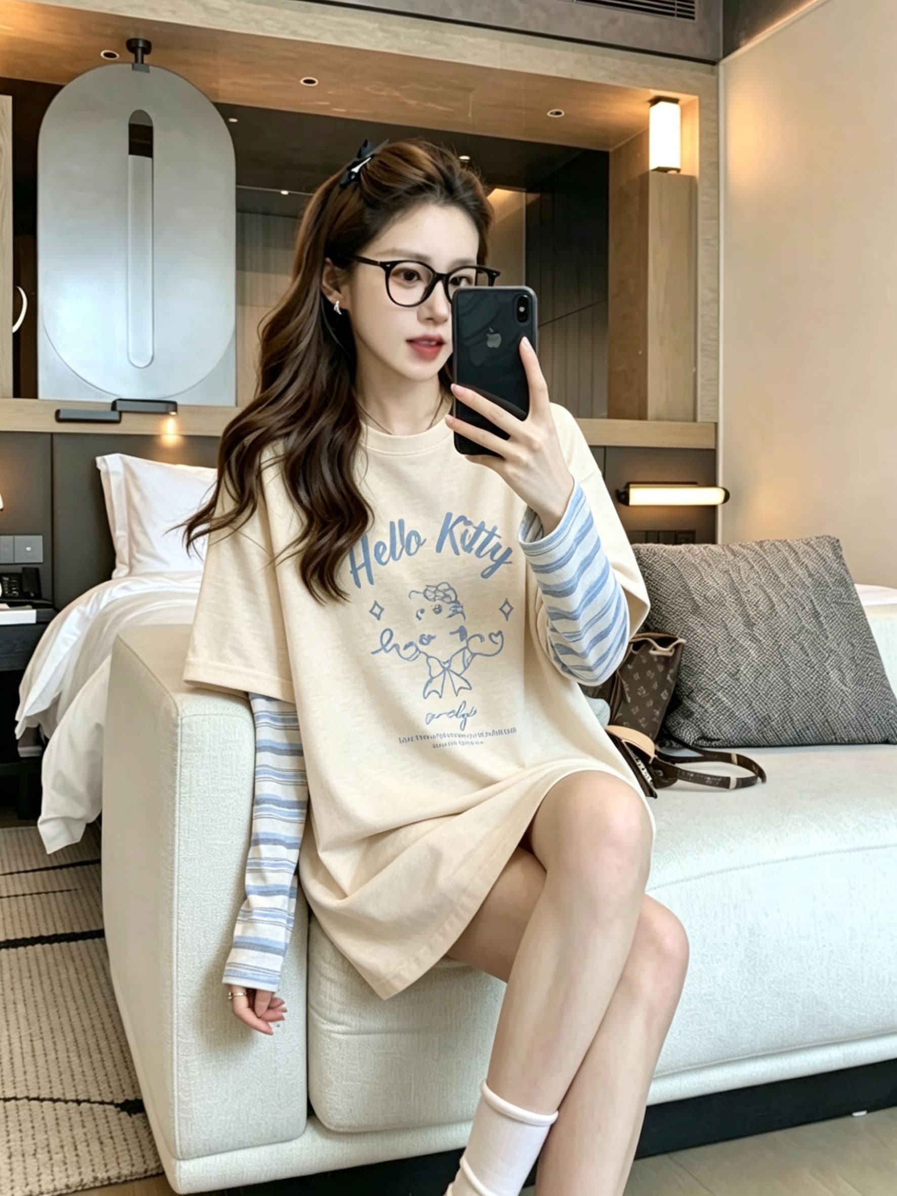 실사 2026 여름 원본 품질 빅 사이즈 페이크 레이어드 스트라이프 긴팔 티셔츠 여성 상세 이미지 6