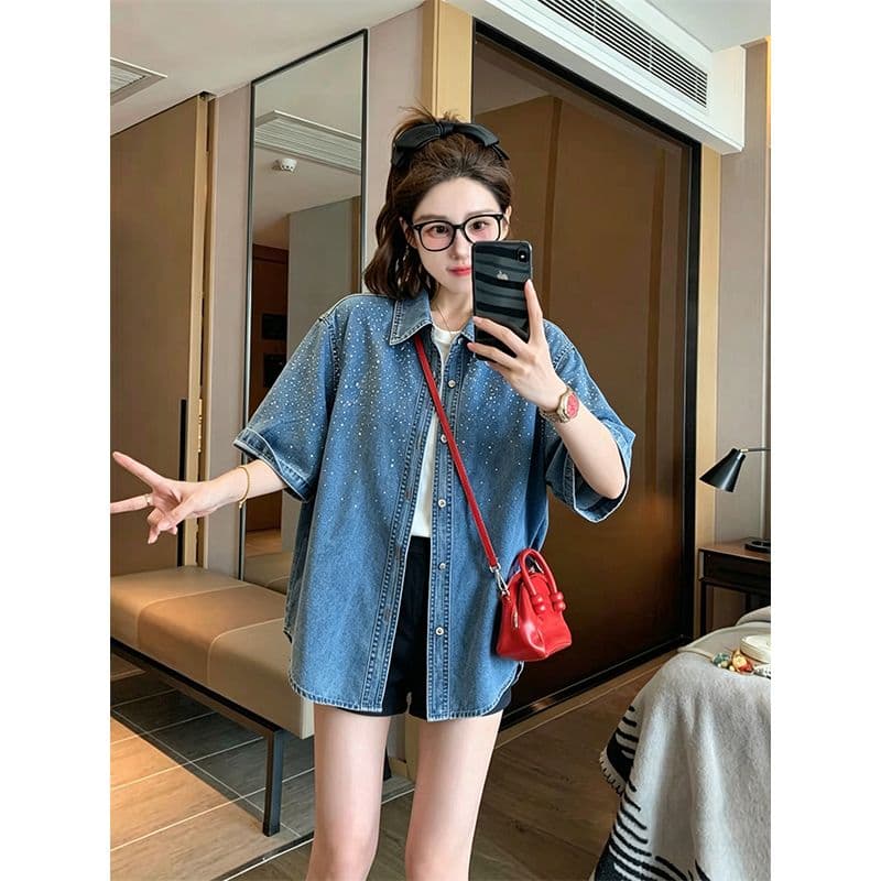 실사 2026 여름 원본 품질 빅 사이즈 300 근 고급 센스 핫픽스 데님 루즈핏 여성 코트 이미지 2