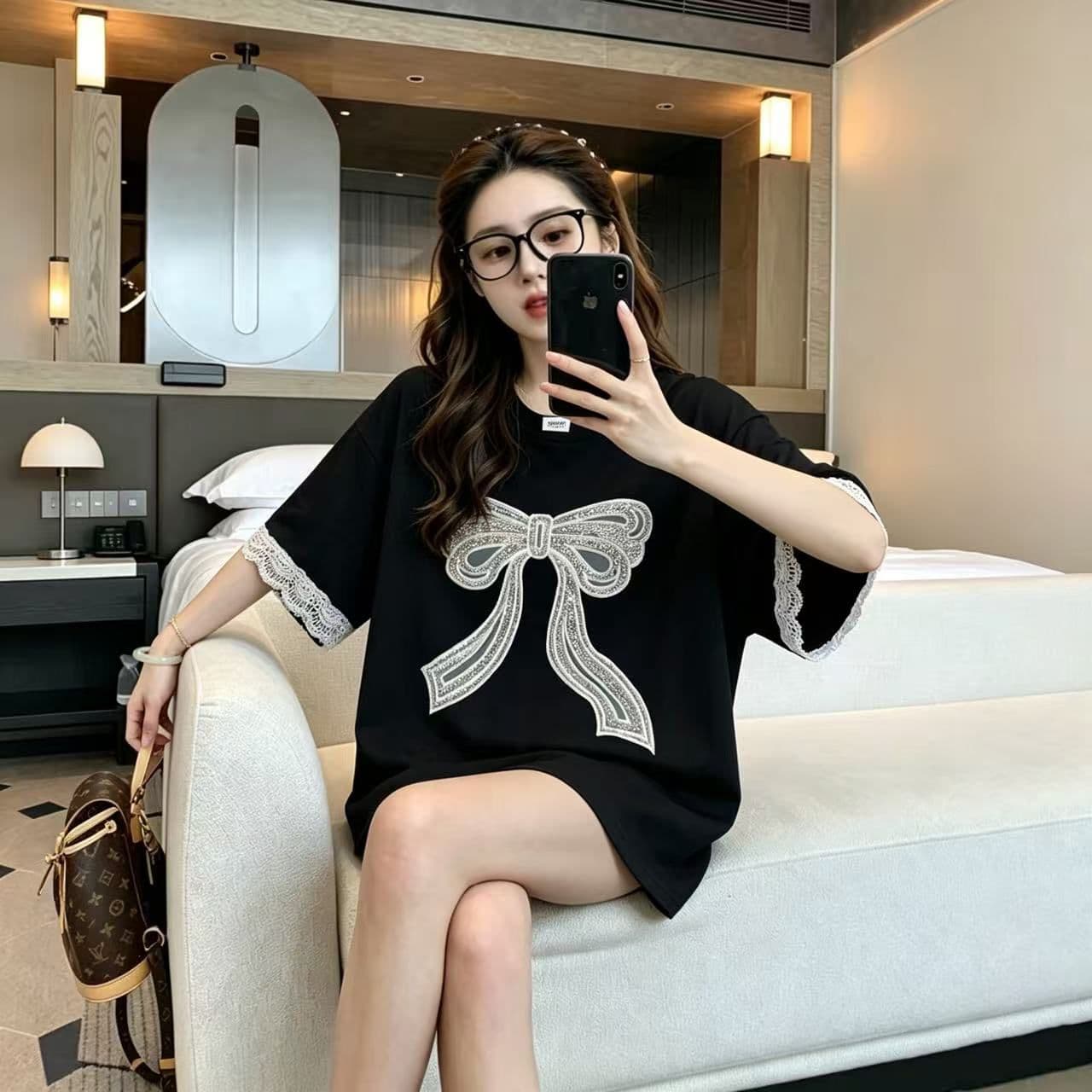 실사 2026 여름 220 그램 조수 브랜드 면 빅 사이즈 무거운 작업 자수 비즈 박기 나비 매듭 반팔 티셔츠 여성 이미지 3