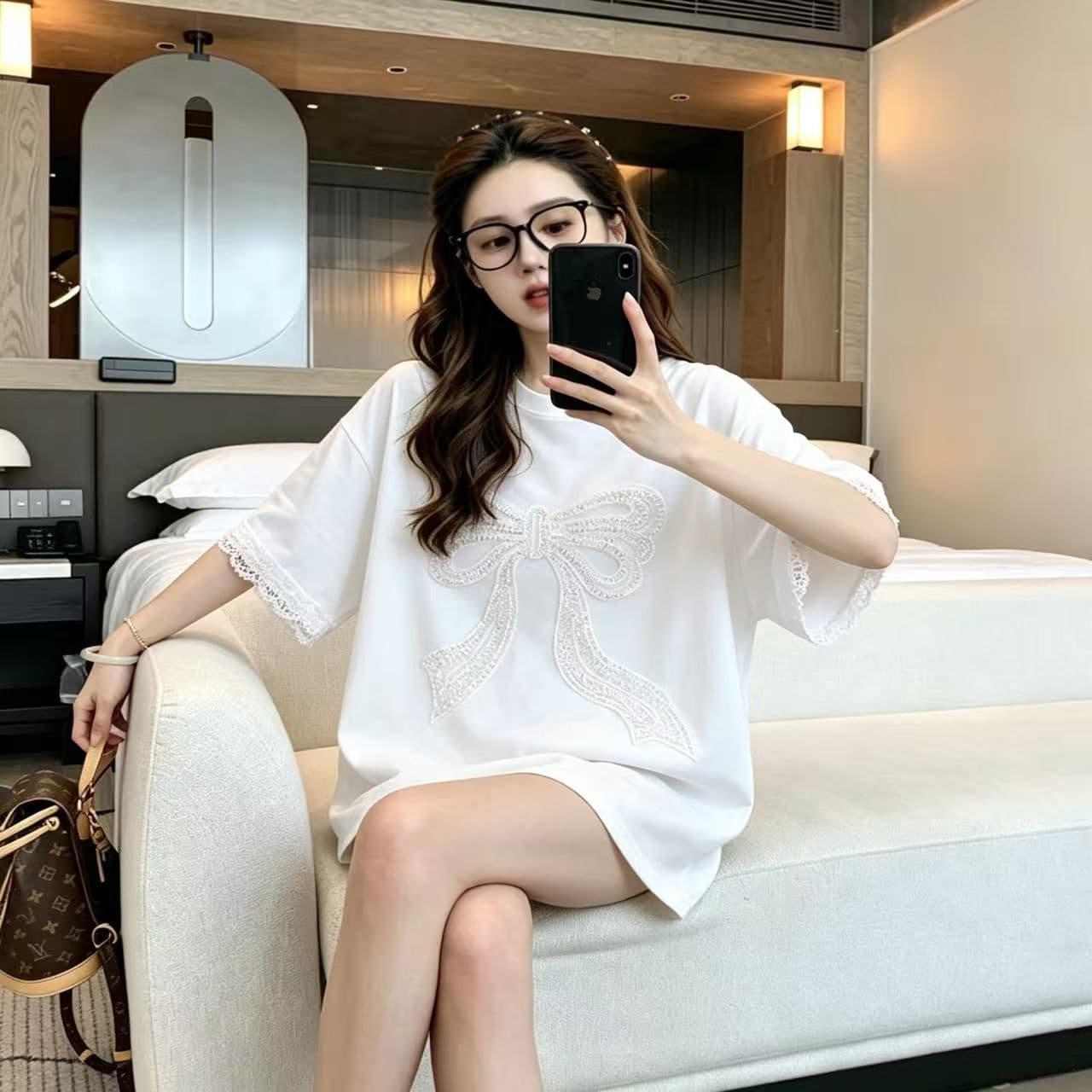 실사 2026 여름 220 그램 조수 브랜드 면 빅 사이즈 무거운 작업 자수 비즈 박기 나비 매듭 반팔 티셔츠 여성 이미지 5