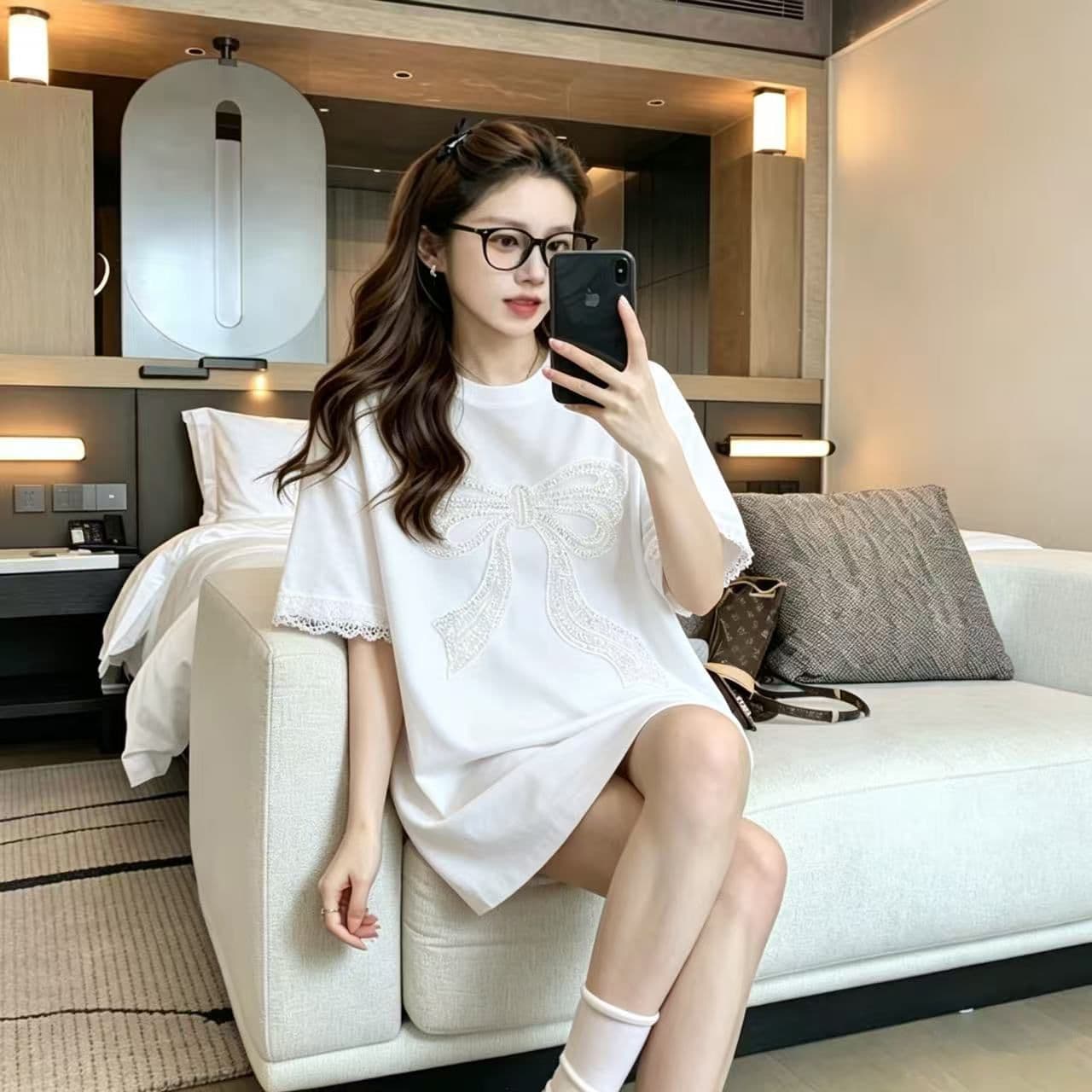 실사 2026 여름 220 그램 조수 브랜드 면 빅 사이즈 무거운 작업 자수 비즈 박기 나비 매듭 반팔 티셔츠 여성 상세 이미지 8