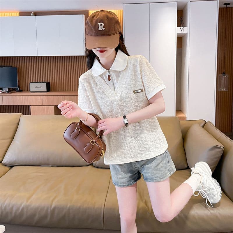 실사 2026 여름 새로운 한국 스타일 페이크 레이어드 루즈핏 캐주얼 반팔 POLO 칼라 티셔츠 여성 상세 이미지 3