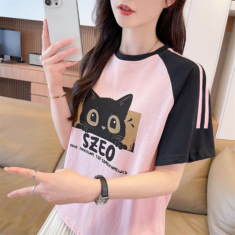 실사 2026 여름 새로운 눈꽃 면 65 면 35 폴리에스터 삽입 어깨 소매 귀여운 고양이 학생 반팔 티셔츠 여성 상세 이미지 7