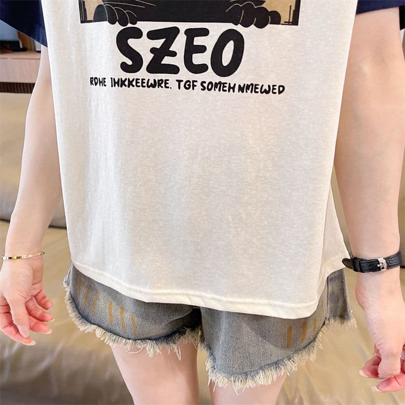 실사 2026 여름 새로운 눈꽃 면 65 면 35 폴리에스터 삽입 어깨 소매 귀여운 고양이 학생 반팔 티셔츠 여성 상세 이미지 14