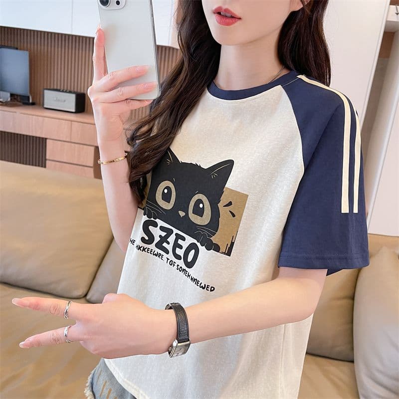실사 2026 여름 새로운 눈꽃 면 65 면 35 폴리에스터 삽입 어깨 소매 귀여운 고양이 학생 반팔 티셔츠 여성 상세 이미지 18