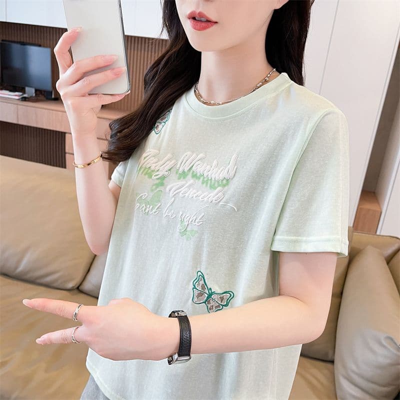 실사 2026 여름 새로운 눈꽃 면 65 면 35 폴리에스터 한국 스타일 자수 나비 프린트 공예 짧은 티셔츠 여성 상세 이미지 9