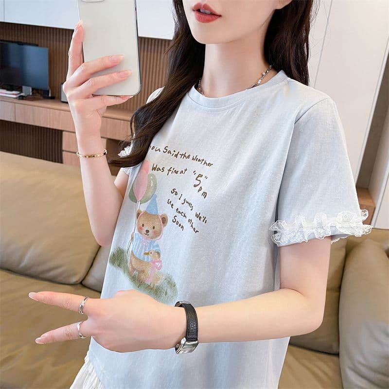 실사 2026 여름 새로운 눈꽃 면 65 면 35 폴리에스터 한국 스타일 작은 곰 레이스 학생 반팔 티셔츠 여성 이미지 3