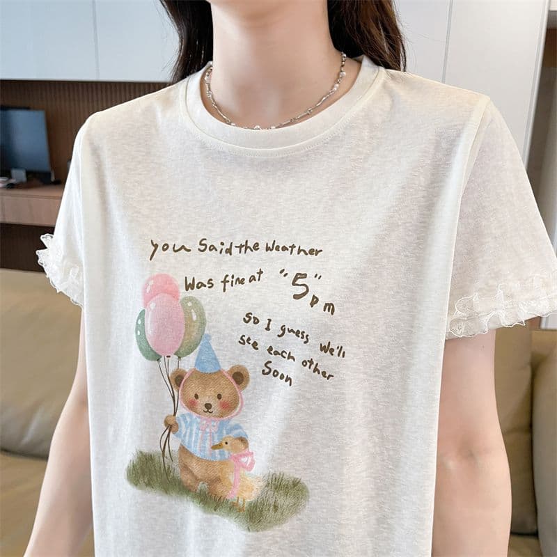 실사 2026 여름 새로운 눈꽃 면 65 면 35 폴리에스터 한국 스타일 작은 곰 레이스 학생 반팔 티셔츠 여성 상세 이미지 4