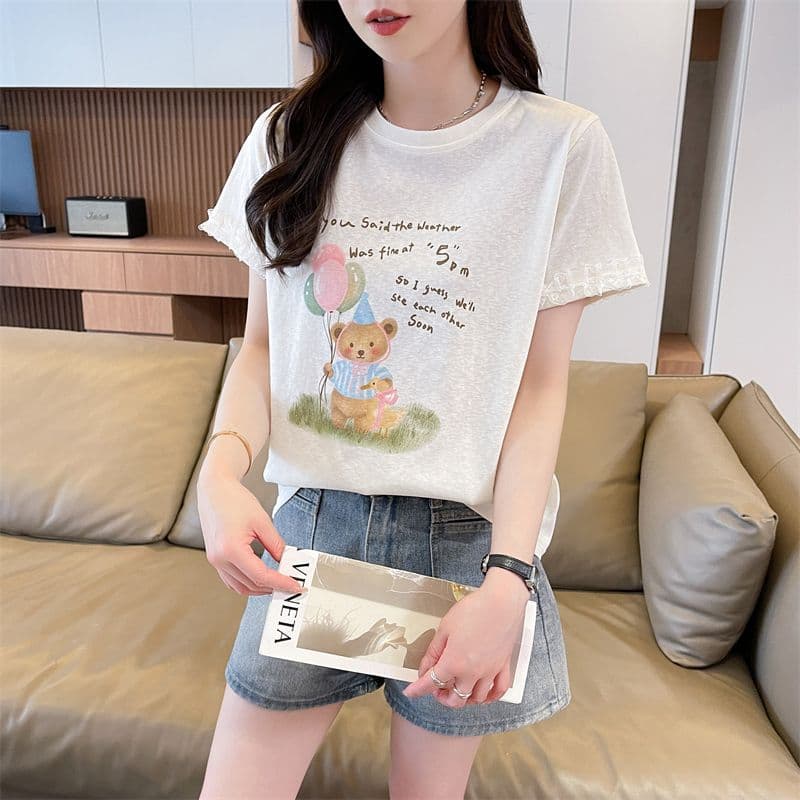 실사 2026 여름 새로운 눈꽃 면 65 면 35 폴리에스터 한국 스타일 작은 곰 레이스 학생 반팔 티셔츠 여성 상세 이미지 8