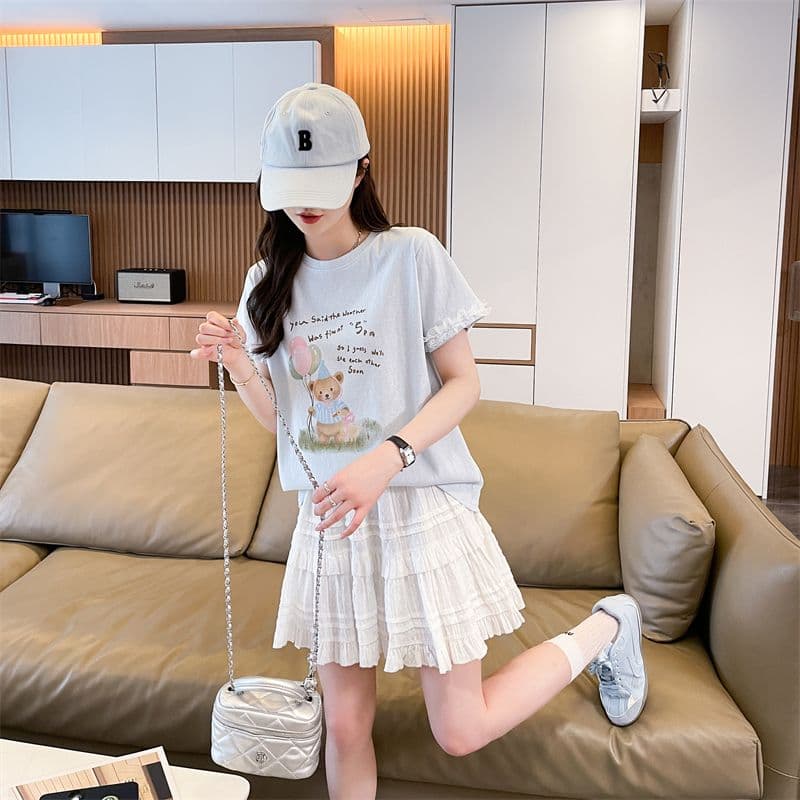 실사 2026 여름 새로운 눈꽃 면 65 면 35 폴리에스터 한국 스타일 작은 곰 레이스 학생 반팔 티셔츠 여성 상세 이미지 14