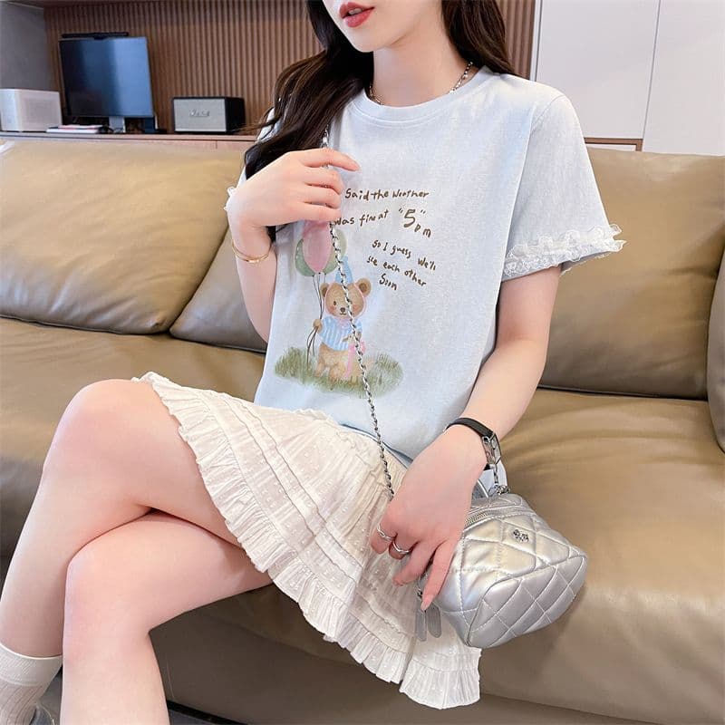 실사 2026 여름 새로운 눈꽃 면 65 면 35 폴리에스터 한국 스타일 작은 곰 레이스 학생 반팔 티셔츠 여성 상세 이미지 20