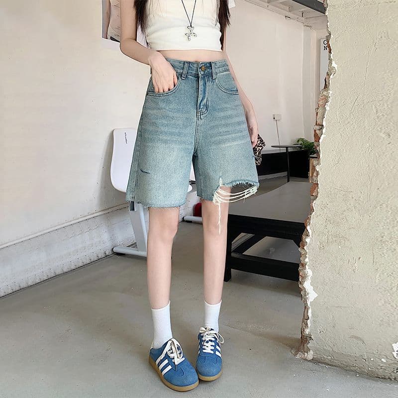 거친 가장자리 찢어진 부분 술 디자인 청바지 여성 여름 새로운 하이웨이스트 루즈핏 슬림해 보이는 다용도 넓은 다리 오부 바지 이미지 2