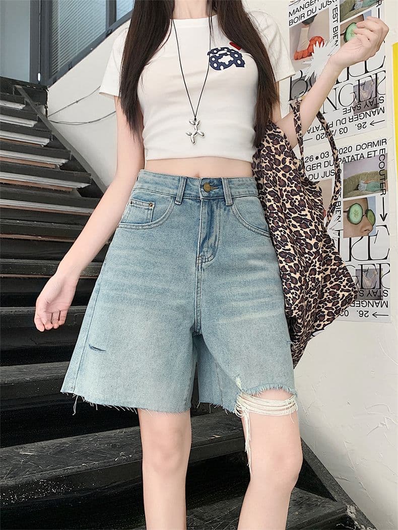 거친 가장자리 찢어진 부분 술 디자인 청바지 여성 여름 새로운 하이웨이스트 루즈핏 슬림해 보이는 다용도 넓은 다리 오부 바지 상세 이미지 5