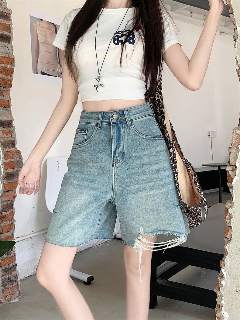 거친 가장자리 찢어진 부분 술 디자인 청바지 여성 여름 새로운 하이웨이스트 루즈핏 슬림해 보이는 다용도 넓은 다리 오부 바지 상세 이미지 6