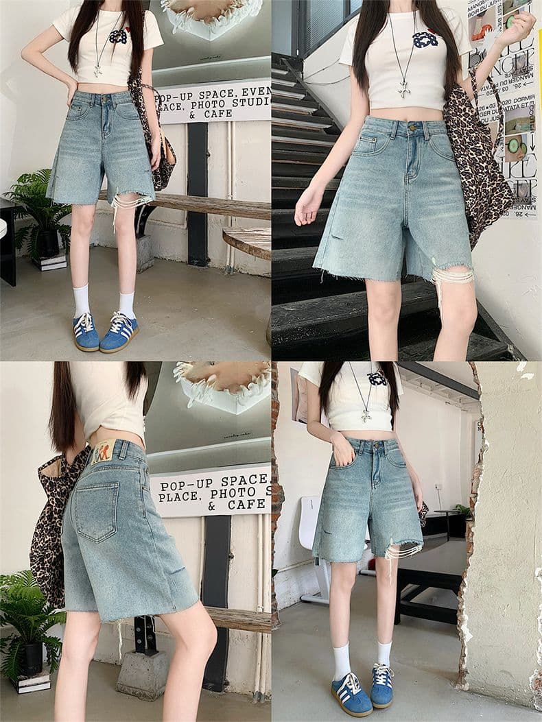 거친 가장자리 찢어진 부분 술 디자인 청바지 여성 여름 새로운 하이웨이스트 루즈핏 슬림해 보이는 다용도 넓은 다리 오부 바지 상세 이미지 10