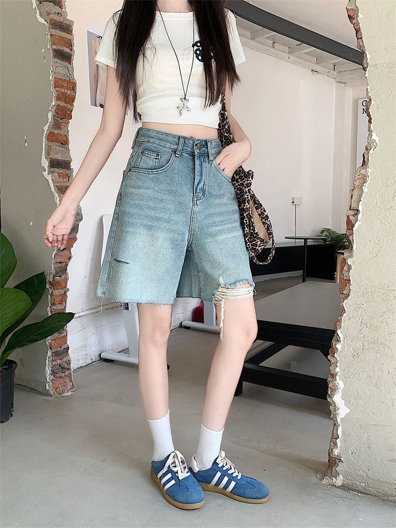 거친 가장자리 찢어진 부분 술 디자인 청바지 여성 여름 새로운 하이웨이스트 루즈핏 슬림해 보이는 다용도 넓은 다리 오부 바지 상세 이미지 12