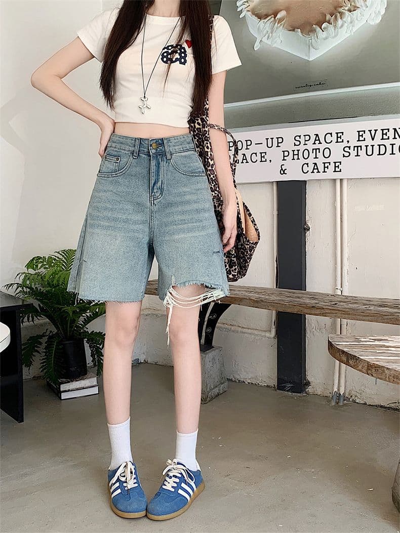 거친 가장자리 찢어진 부분 술 디자인 청바지 여성 여름 새로운 하이웨이스트 루즈핏 슬림해 보이는 다용도 넓은 다리 오부 바지 상세 이미지 14