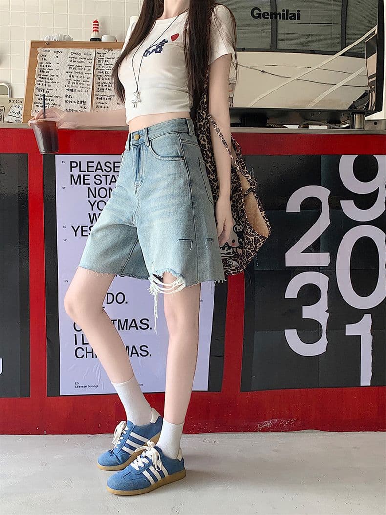 거친 가장자리 찢어진 부분 술 디자인 청바지 여성 여름 새로운 하이웨이스트 루즈핏 슬림해 보이는 다용도 넓은 다리 오부 바지 상세 이미지 16