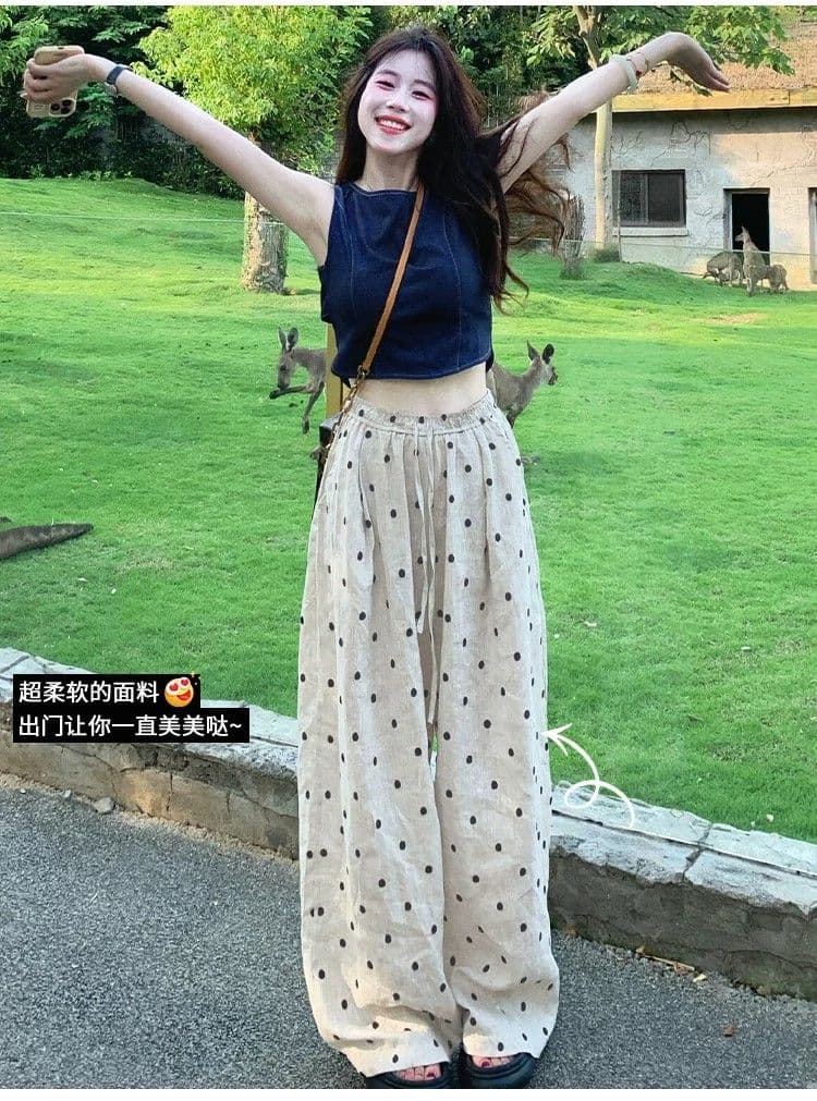 한 부서 도트 무늬 캐주얼 바지 여성 여름 얇은 스타일 하이웨이스트 루즈핏 슬림해 보이는 작은 키 스트레이트 와이드 레그 팬츠 상세 이미지 3