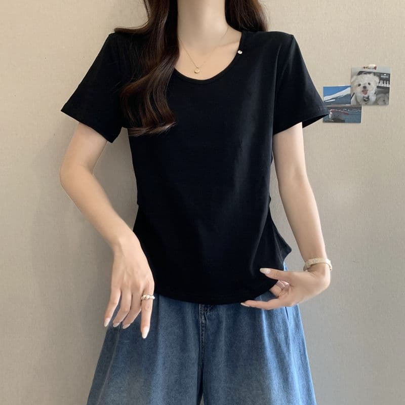 실사 2026 여름 92 면 허리 수축 핀치 Pleat 빅 사이즈 Chic 몸매 가꾸기 슬림해 보이는 V넥 맨위 반팔 티셔츠 여성 이미지 2