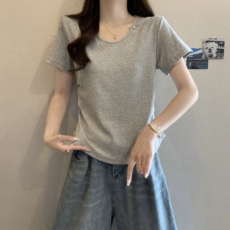 실사 2026 여름 92 면 허리 수축 핀치 Pleat 빅 사이즈 Chic 몸매 가꾸기 슬림해 보이는 V넥 맨위 반팔 티셔츠 여성 이미지 4