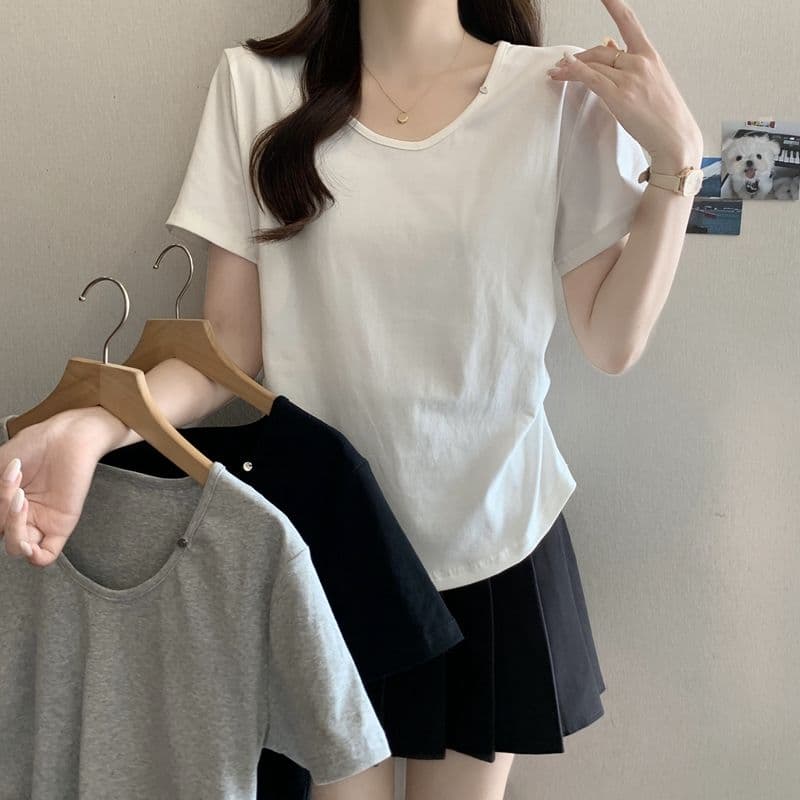실사 2026 여름 92 면 허리 수축 핀치 Pleat 빅 사이즈 Chic 몸매 가꾸기 슬림해 보이는 V넥 맨위 반팔 티셔츠 여성 이미지 3